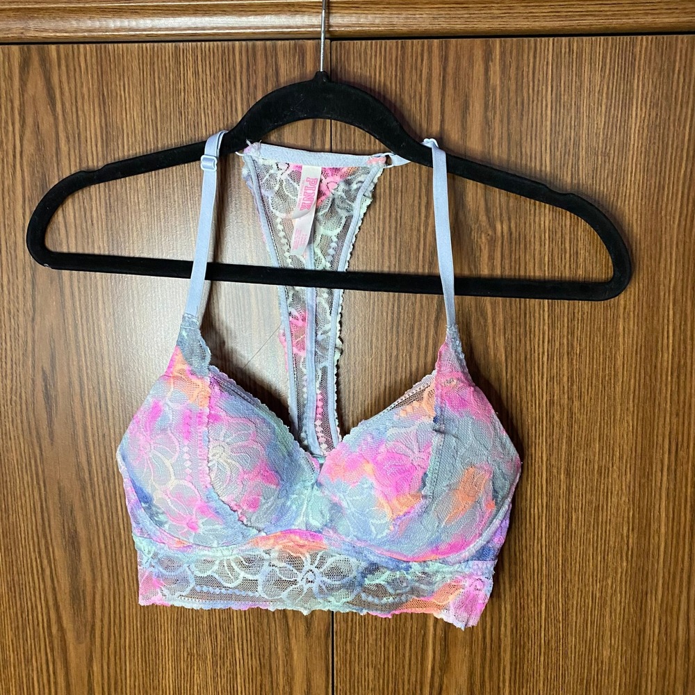 PINK Victoria's Secret Bralette Womens Small Multicolor Lace Racerback‎ T-Strap